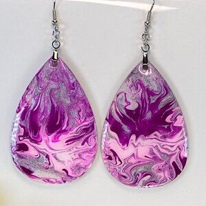 Hand Painted Tear Drop Ombre Iridescent Dangle Pendant Earrings